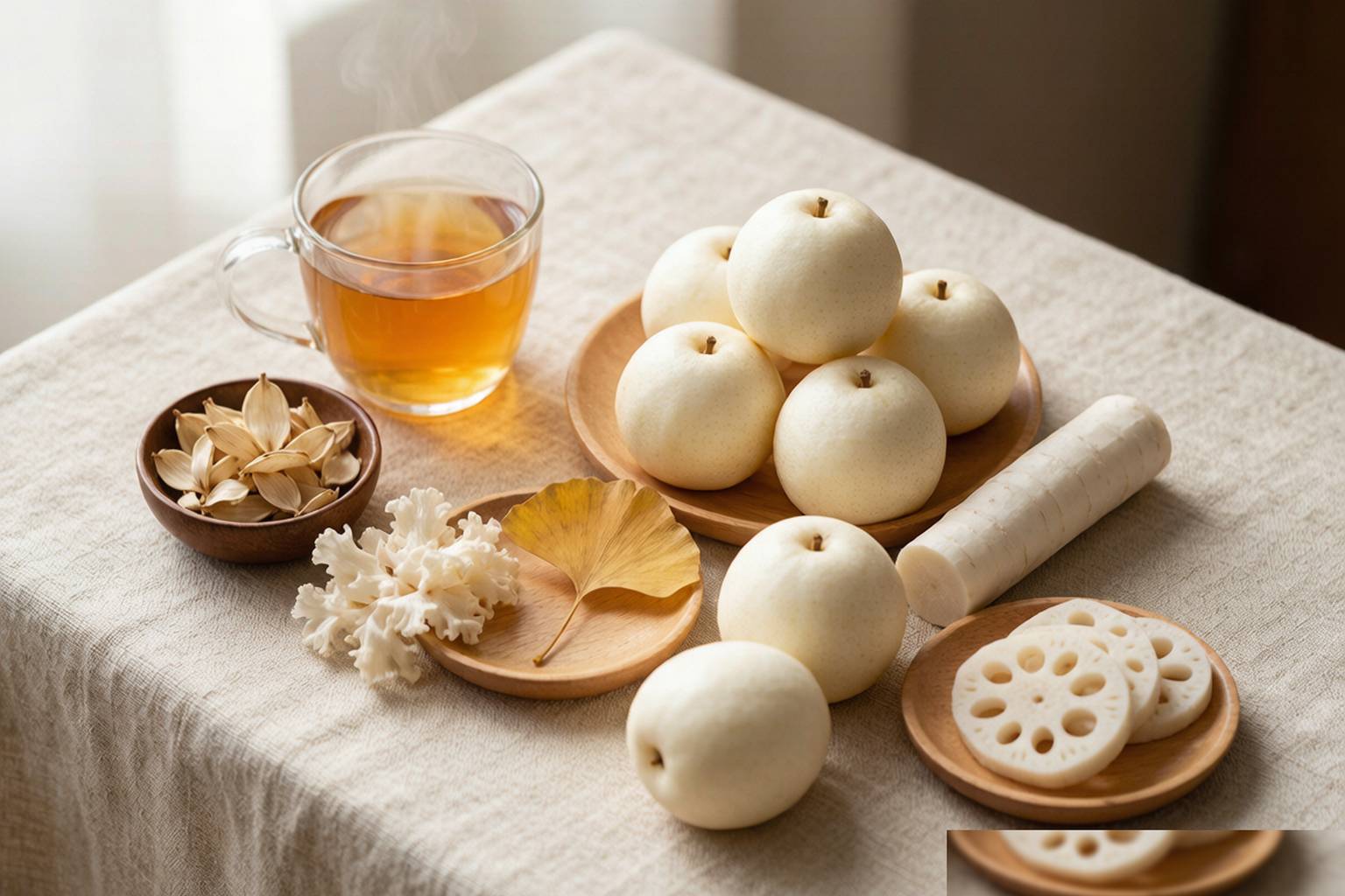 白色润肺食材静物——雪梨、百合、银耳、莲藕、山药摆放在浅色亚麻布上,搭配一杯温热的蜂蜜水,自然光柔和,秋意温润